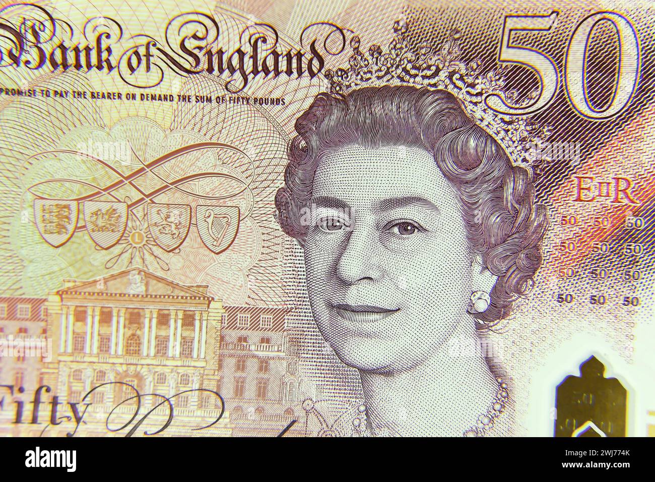 Image macro billet de 50 £ du Royaume-Uni représentant un portrait de la reine Elizabeth II en gros plan avec mise au point sélective Banque D'Images
