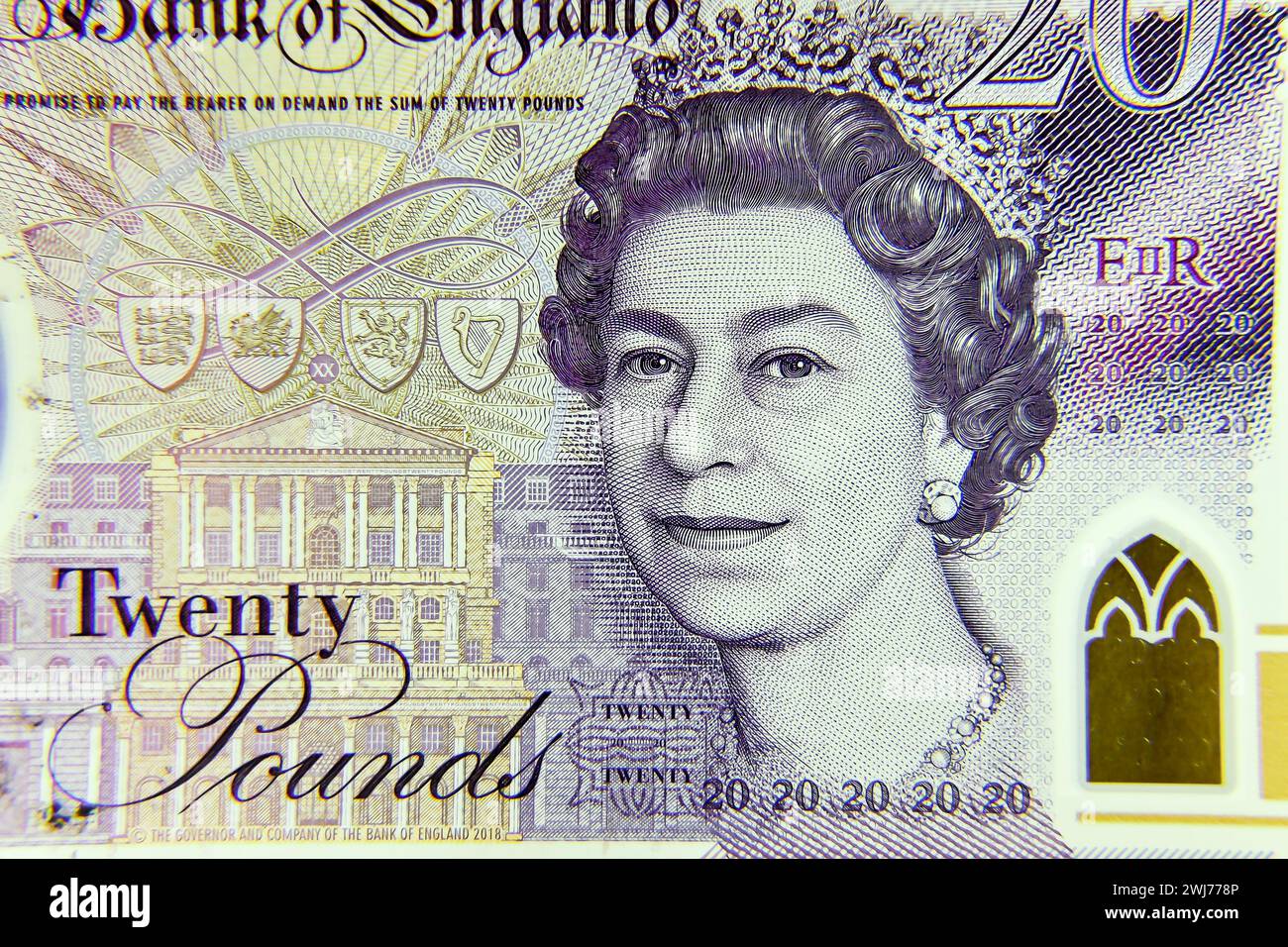 Billet de banque en livres sterling de 20 £ en gros plan avec focus sélectif. Royaume-Uni avec un portrait de la reine Elizabeth II Banque D'Images