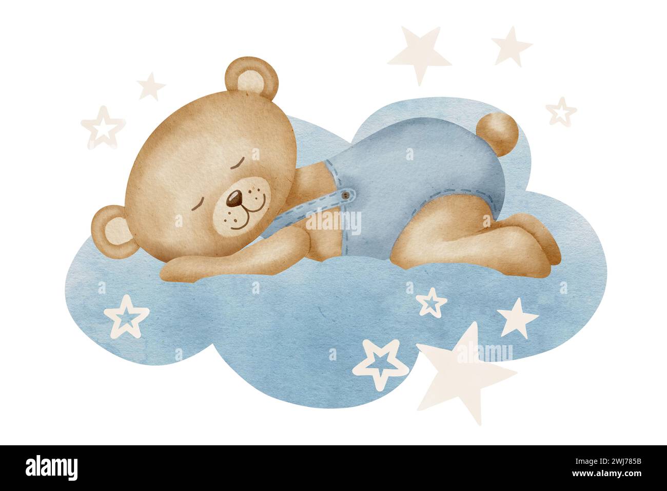 Mignon petit ours en peluche dormant sur un nuage avec des étoiles. Illustration d'aquarelle dessinée à la main de jouet animal pour les cartes de voeux ou invitations de douche de bébé. Dessin enfantin pour la conception de pépinière ou les enfants. Banque D'Images
