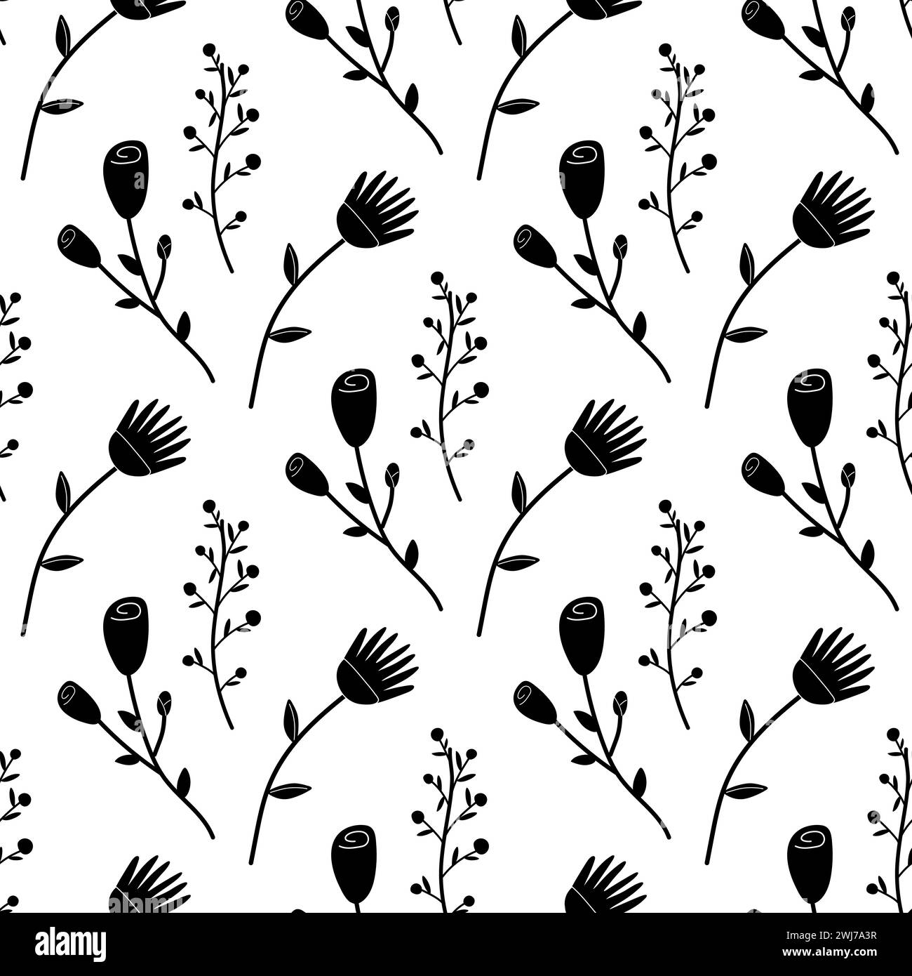 Fleurs de printemps florales sans couture silhouettes noir blanc illustration. Pour votre conception, papier d'emballage, tissu. Illustration de Vecteur