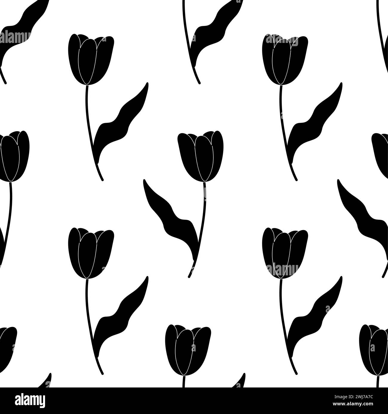 Fleurs de printemps sans couture fleurs tulipe silhouettes noir blanc. Pour votre conception, papier d'emballage, tissu. Illustration de Vecteur