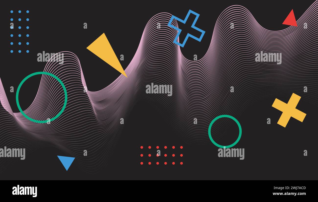 Fond abstrait futuriste avec des formes géométriques, des lignes ondulées, des formes brutales. Design graphique moderne. Figures colorées sur fond noir. Illustration de Vecteur