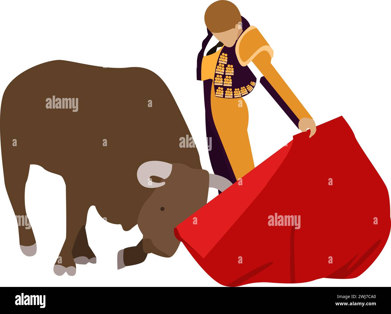 Torero avec tissu rouge et icône de vecteur de taureau isolé sur blanc Illustration de Vecteur