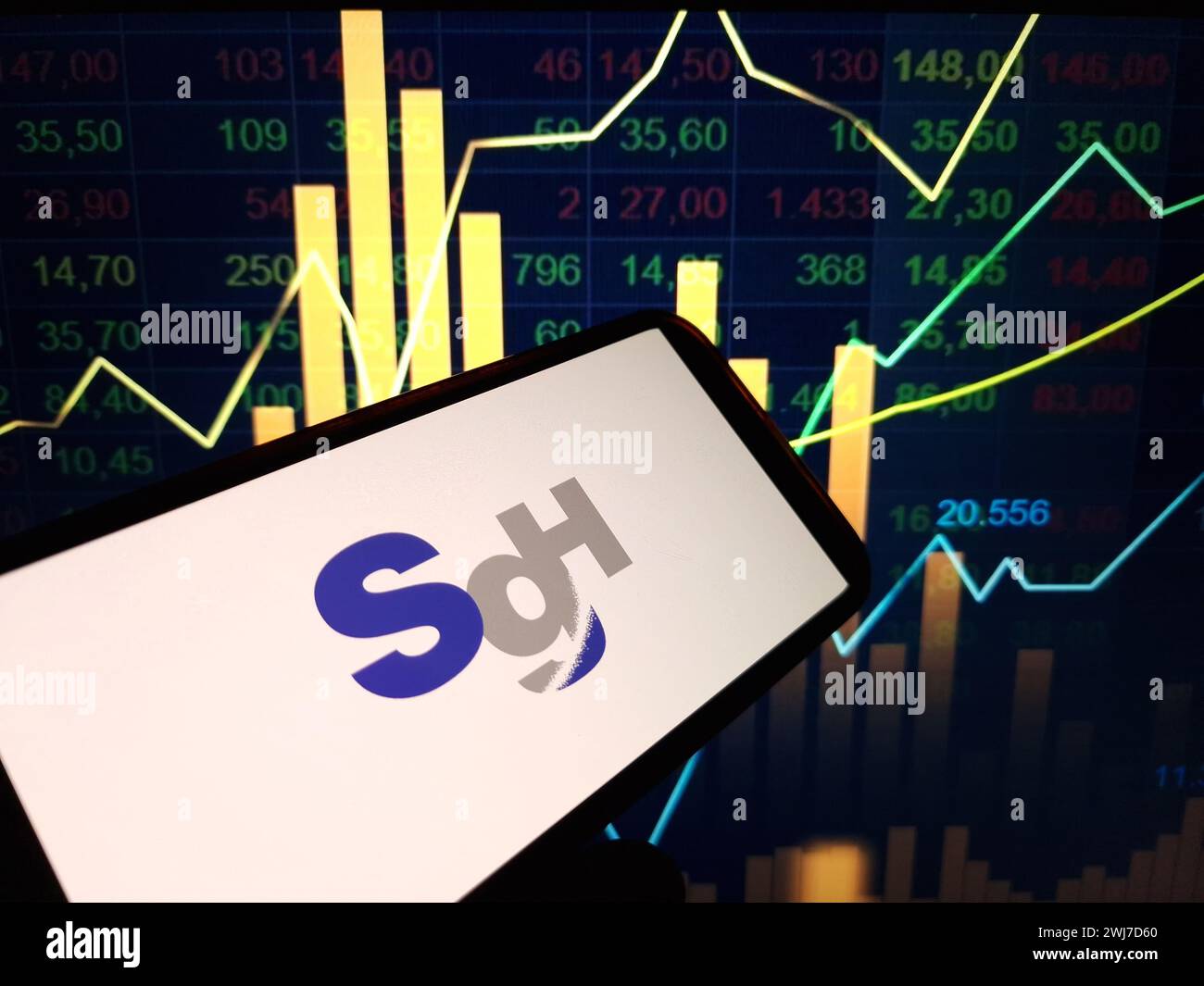 Konskie, Pologne - 12 février 2024 : logo de la société SG Holdings affiché sur le téléphone portable Banque D'Images