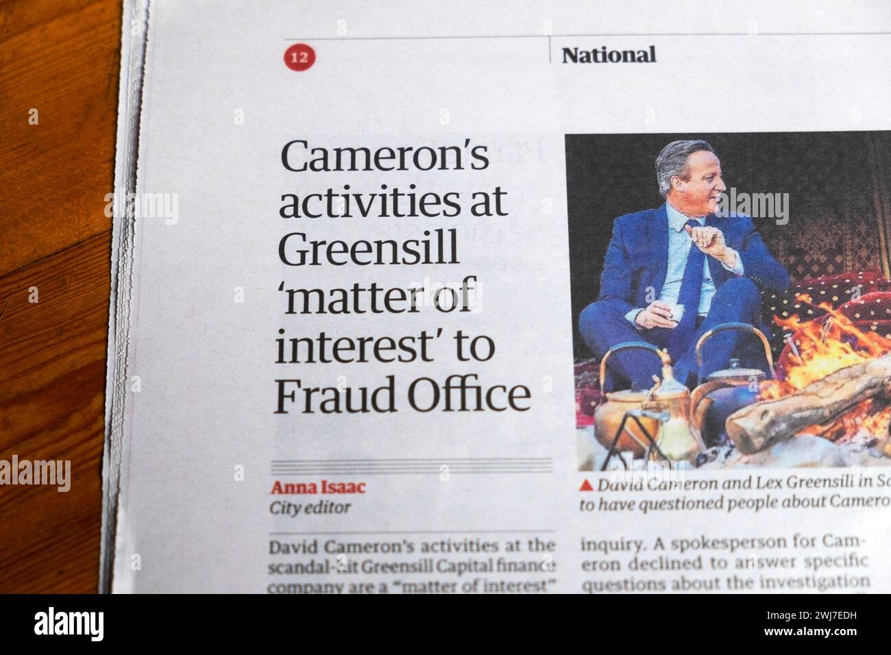 David 'les activités de Cameron chez Greensill 'sujet d'intérêt' pour le bureau de fraude' Guardian article titre du journal 27 janvier 2024 Londres Angleterre Royaume-Uni Banque D'Images