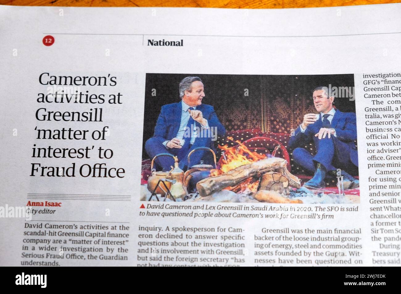 David 'les activités de Cameron chez Greensill 'sujet d'intérêt' pour le bureau de fraude' Guardian article titre du journal 27 janvier 2024 Londres Angleterre Royaume-Uni Banque D'Images