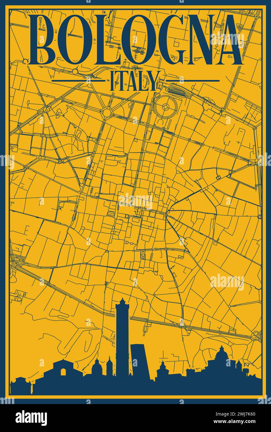 Réseau routier et affiche d'horizon du centre-ville DE BOLOGNE, ITALIE Illustration de Vecteur