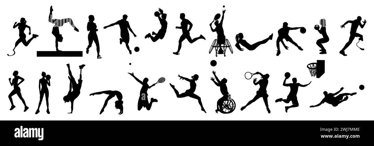 Silhouettes de différentes personnes dans divers sports. Illustration de Vecteur