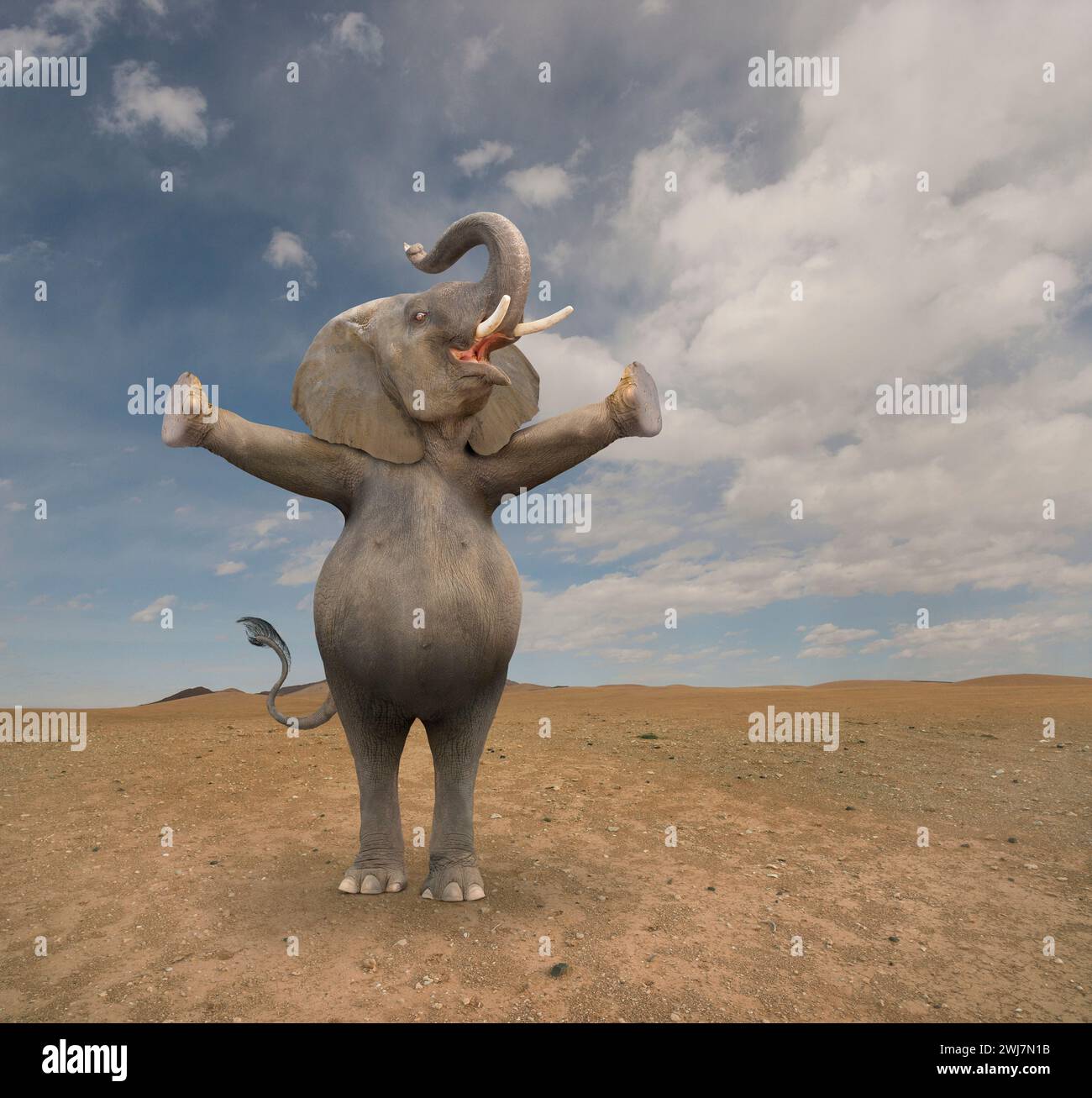 Un éléphant anthropomorphe se tient debout sur ses pattes arrière et lui tend les bras pendant qu'il fait une annonce. Banque D'Images