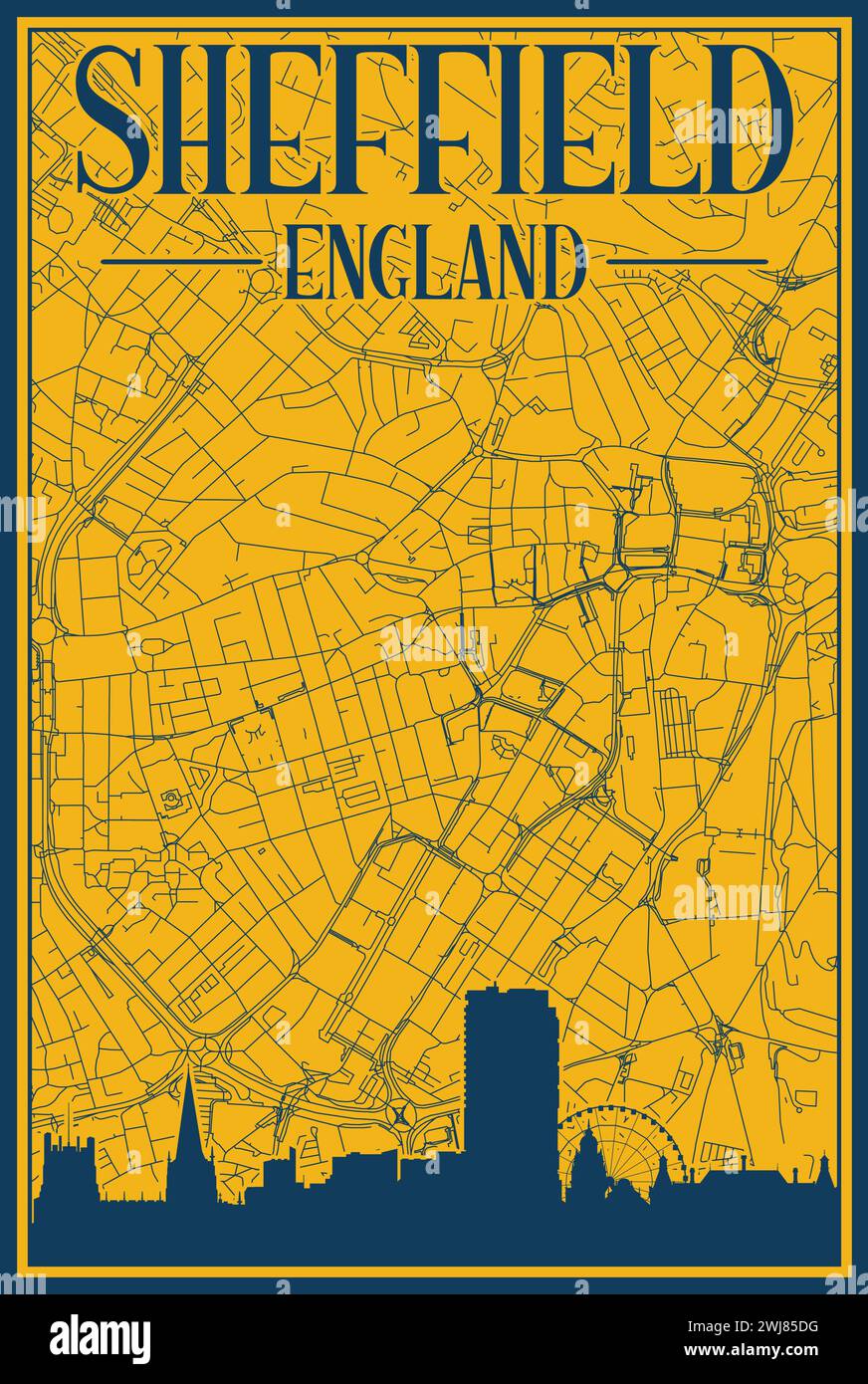 Réseau routier et affiche d'horizon du centre-ville DE SHEFFIELD, ANGLETERRE Illustration de Vecteur