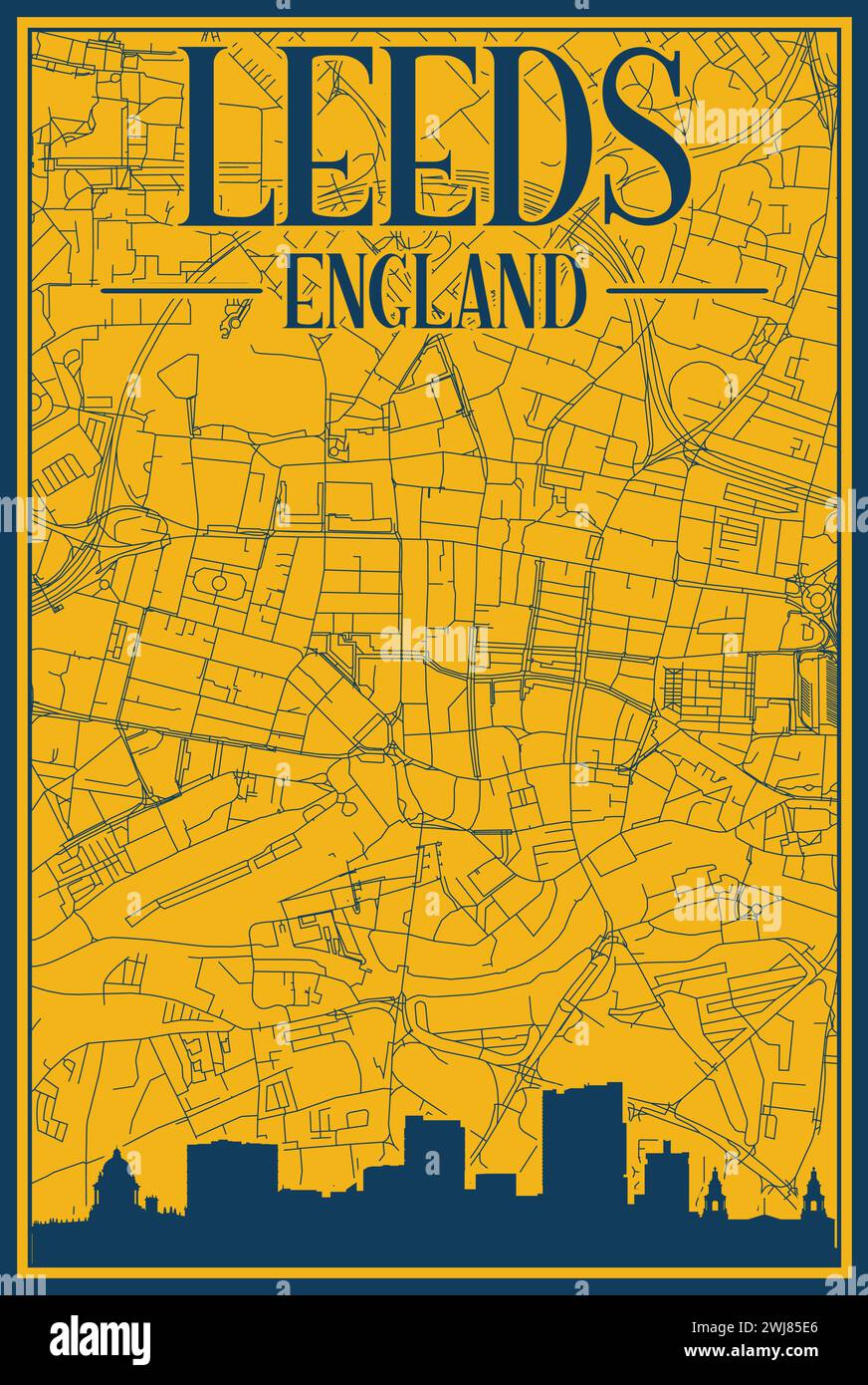 Réseau routier et affiche d'horizon du centre-ville DE LEEDS, ANGLETERRE Illustration de Vecteur
