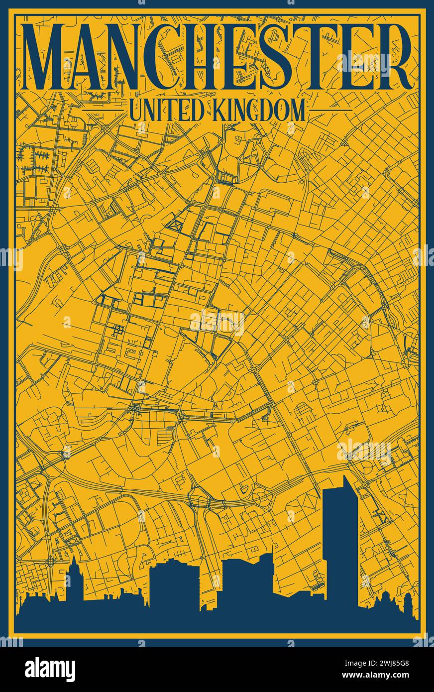Réseau routier et affiche d'horizon du centre-ville DE MANCHESTER, ANGLETERRE Illustration de Vecteur