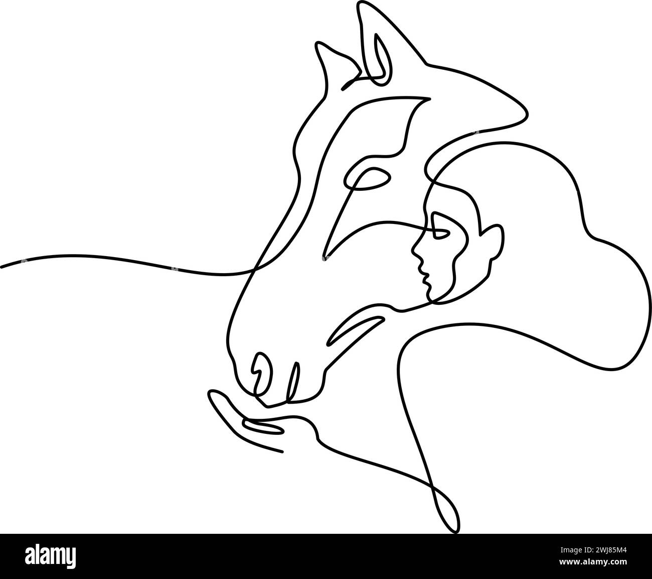 Femme nourrit le cheval. Dessin continu à une ligne Illustration de Vecteur