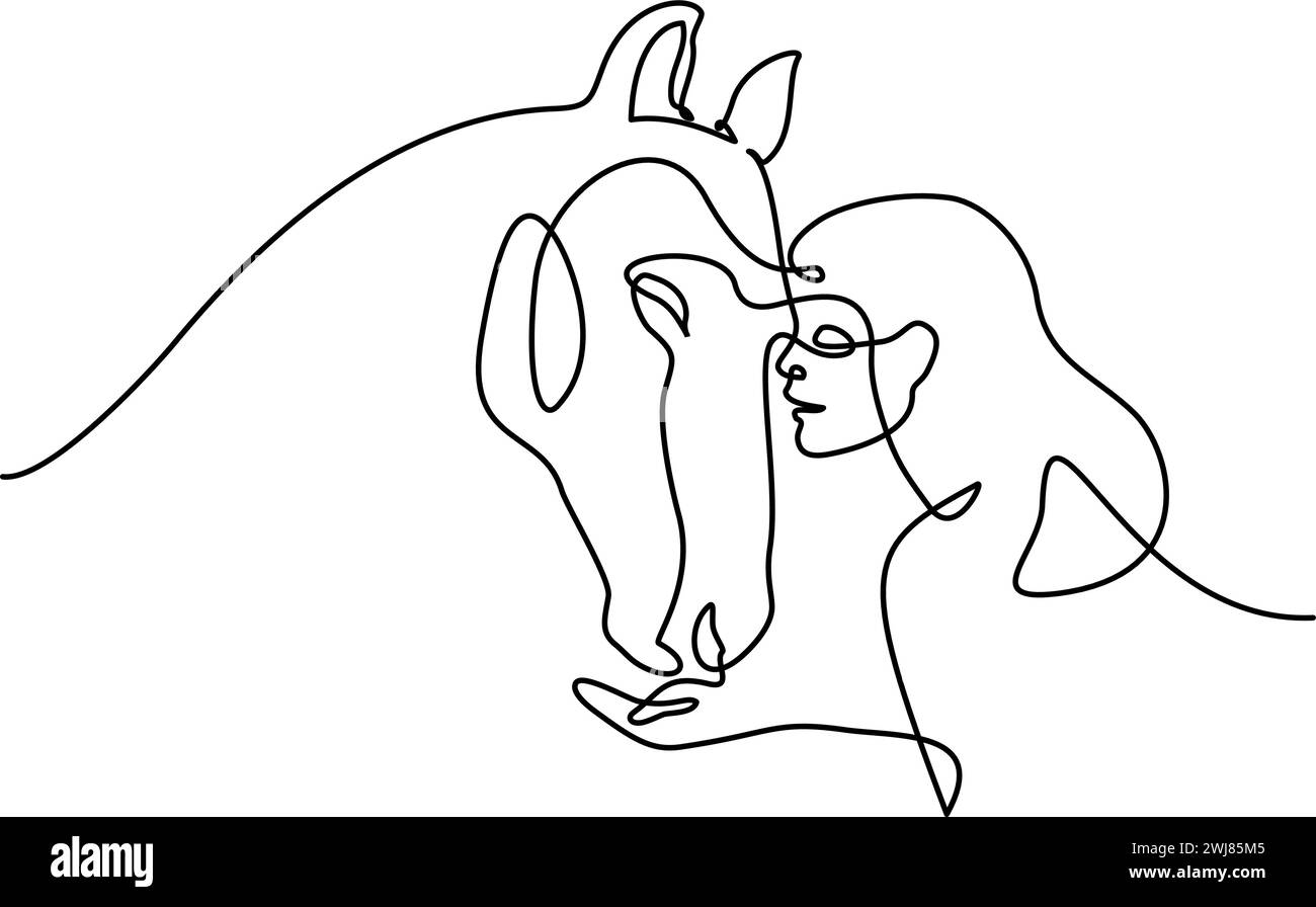 Femme nourrit le cheval. Dessin continu à une ligne Illustration de Vecteur