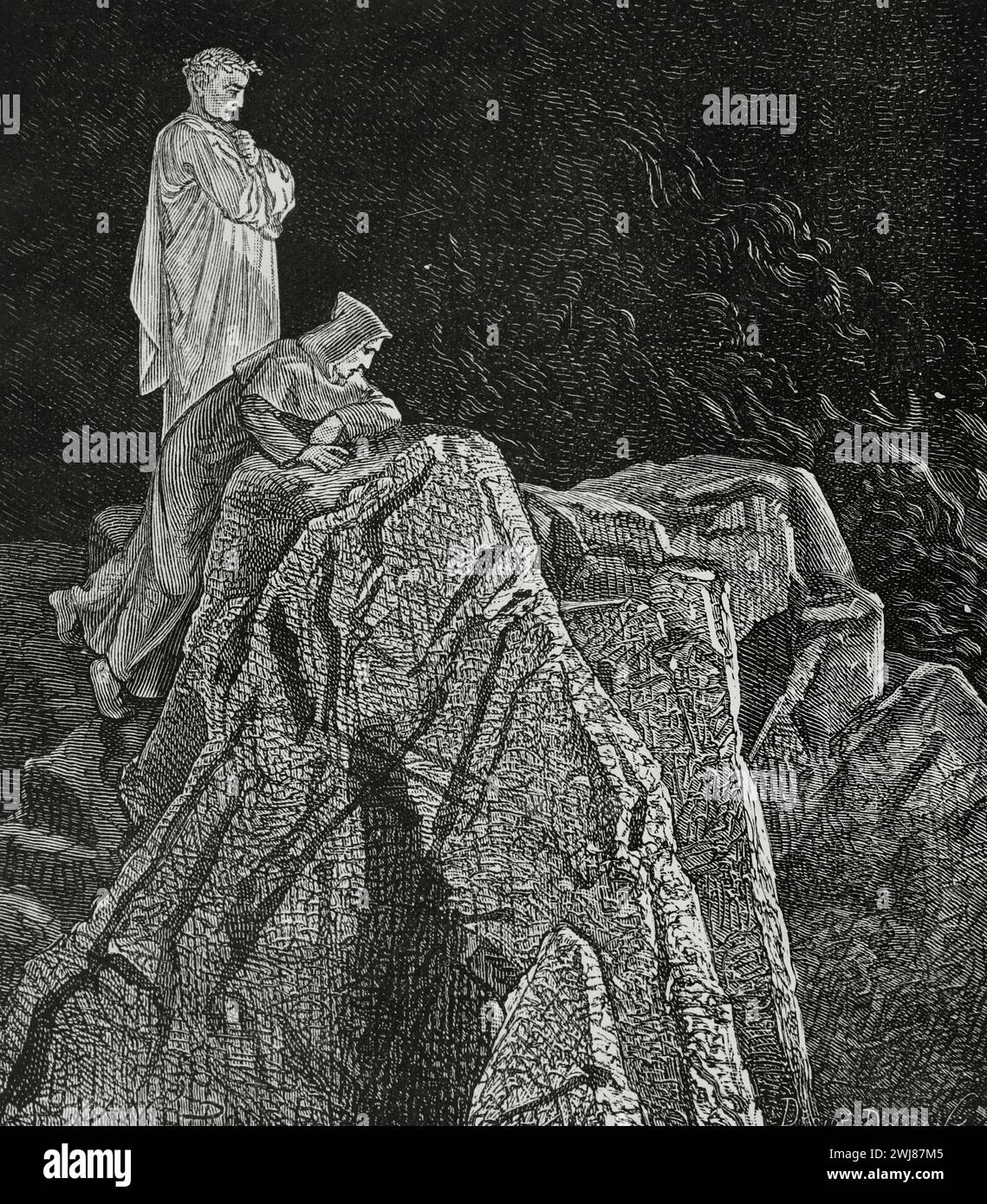 La Divine Comédie (1307-1321). Poème narratif italien du poète italien Dante Alighieri (1265-1321). Inferno (enfer). '...J'ai aussi vu des flammes incandescentes infinies...' Illustration de Yann Dargent (1824-1899). Gravure de désiré Dumont. Publié à Paris, 1888. Banque D'Images