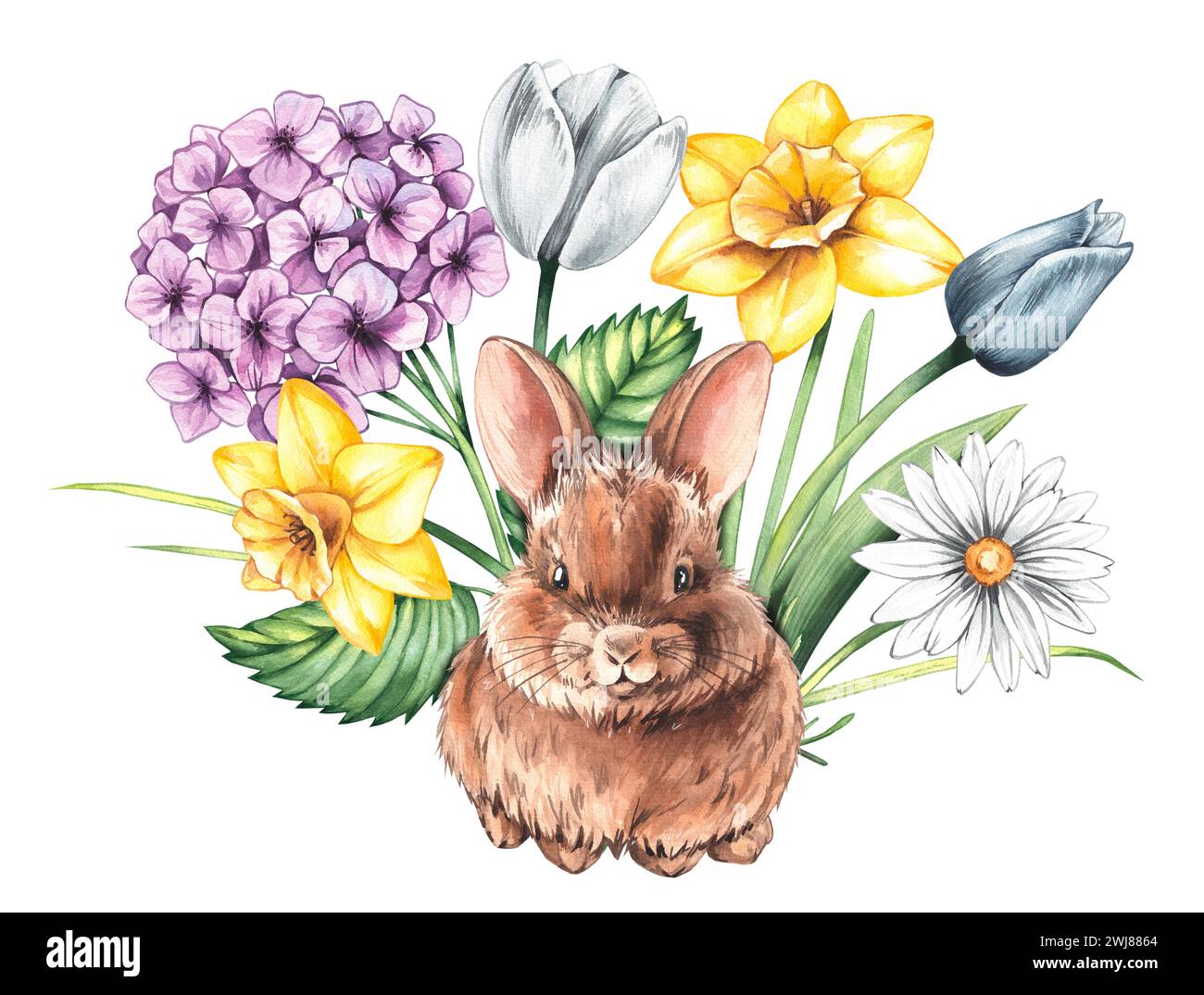 Lapin mignon à l'aquarelle dans des fleurs de printemps. Lièvre isolé avec un bouquet de fleurs dessiné à la main sur un fond blanc pour les produits pour enfants, décoration de vacances Banque D'Images