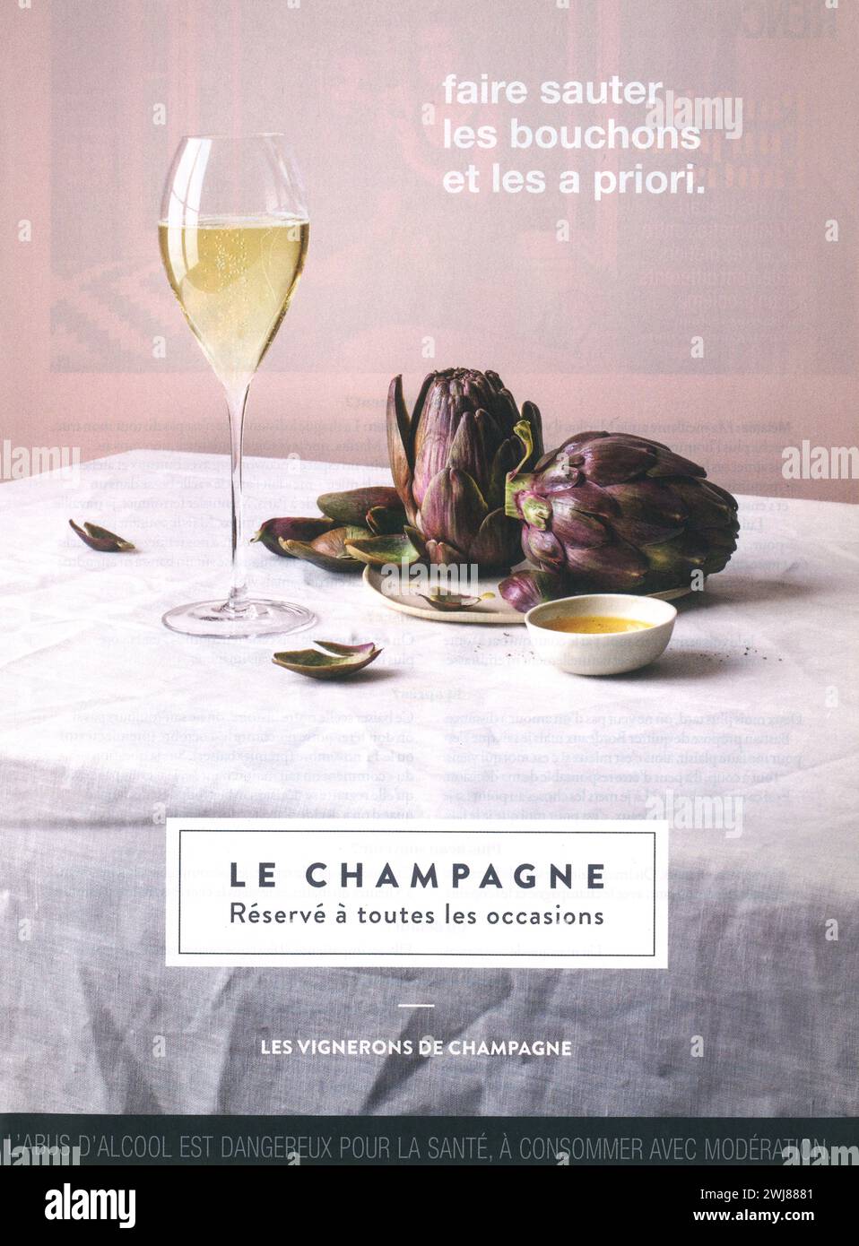 Campagne Champagne 2018, publicité imprimée française. 'Les vignerons de champagne'. La campagne a été lancée par l’organisation des vignerons de Champagne (SGV) Banque D'Images