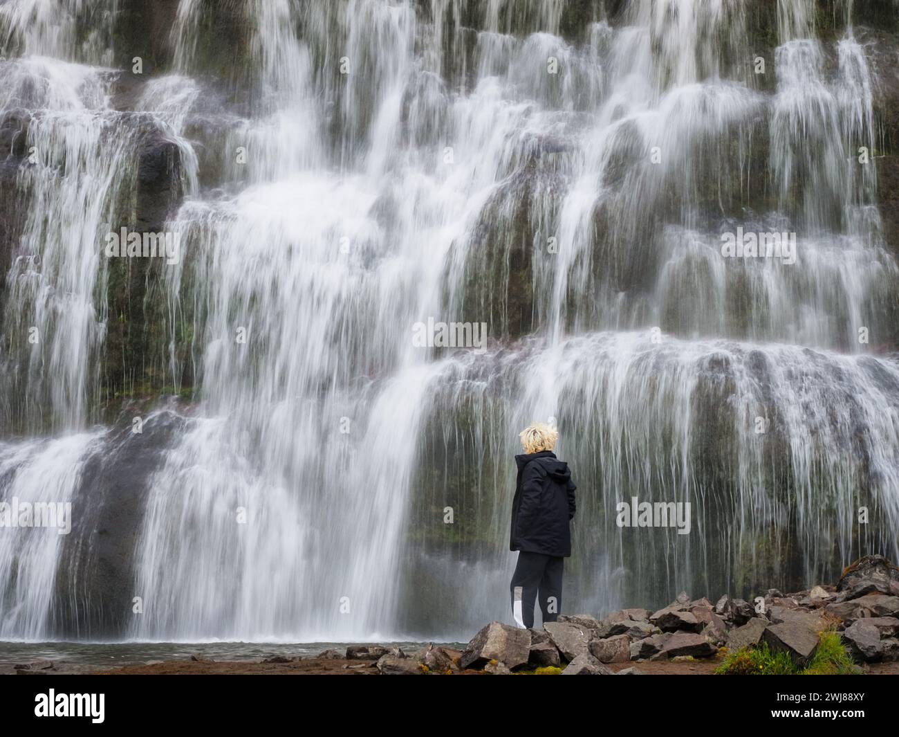 18 août 2023, Islande, Brjansläkur : L'eau de la cascade de Dynjandi (Fjallfoss) plonge à environ 100 mètres dans les profondeurs, coule dans plusieurs petites cascades et est une réserve naturelle depuis les années 1980 Photo : Soeren Stache/dpa Banque D'Images