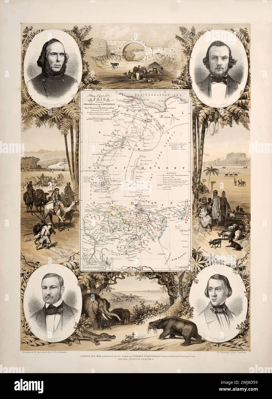 Vintage historique 'carte d'une partie de l'Afrique montrant les progrès de l'expédition sous MM. Richardson, Barth, Overweg & Vogel dans les années 1850-1853'. Carte centrale est entourée du portrait des explorateurs, et scène d'Afrique avec des animaux, désert, nomades. Banque D'Images Vintage historique 'carte d'une partie de l'Afrique montrant les progrès de l'expédition sous MM. Richardson, Barth, Overweg & Vogel dans les années 1850-1853'. Carte centrale est entourée du portrait des explorateurs, et scène d'Afrique avec des animaux, désert, nomades. Banque D'Images