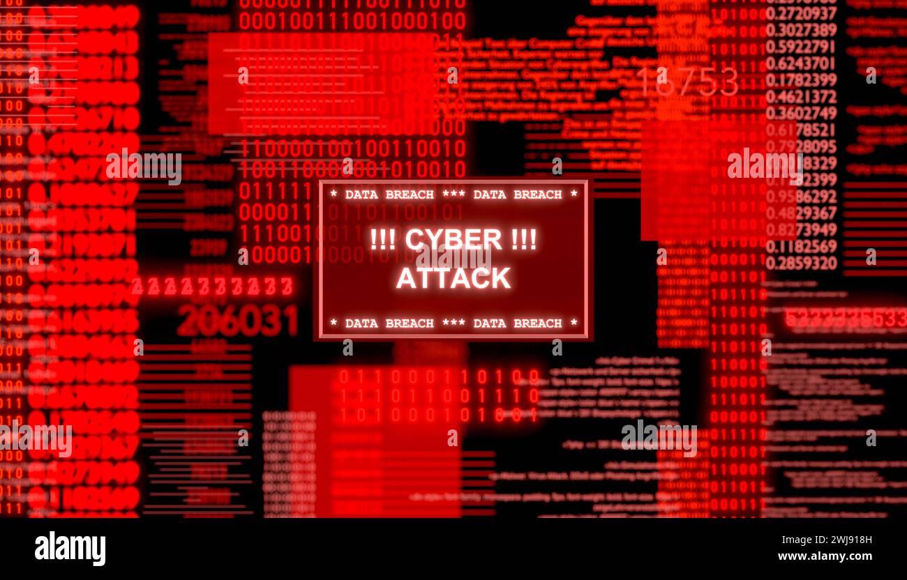 Cyber attaque - écran d'ordinateur rouge Cyber attaque, signe d'avertissement sur l'écran. Violation des données du système. Message, virus, cybercriminalité, piratage, menace, réseau sec Banque D'Images