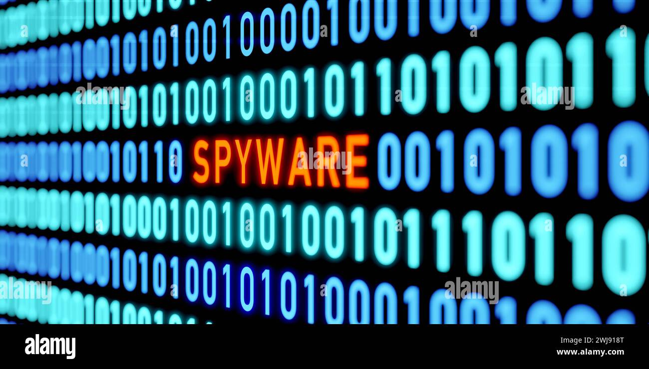 Message de logiciel espion. Code binaire, logiciel espion dans le système informatique. Message de logiciel espion. Attaque de virus informatique, code binaire, zéro et un, système informatique. Viru Banque D'Images