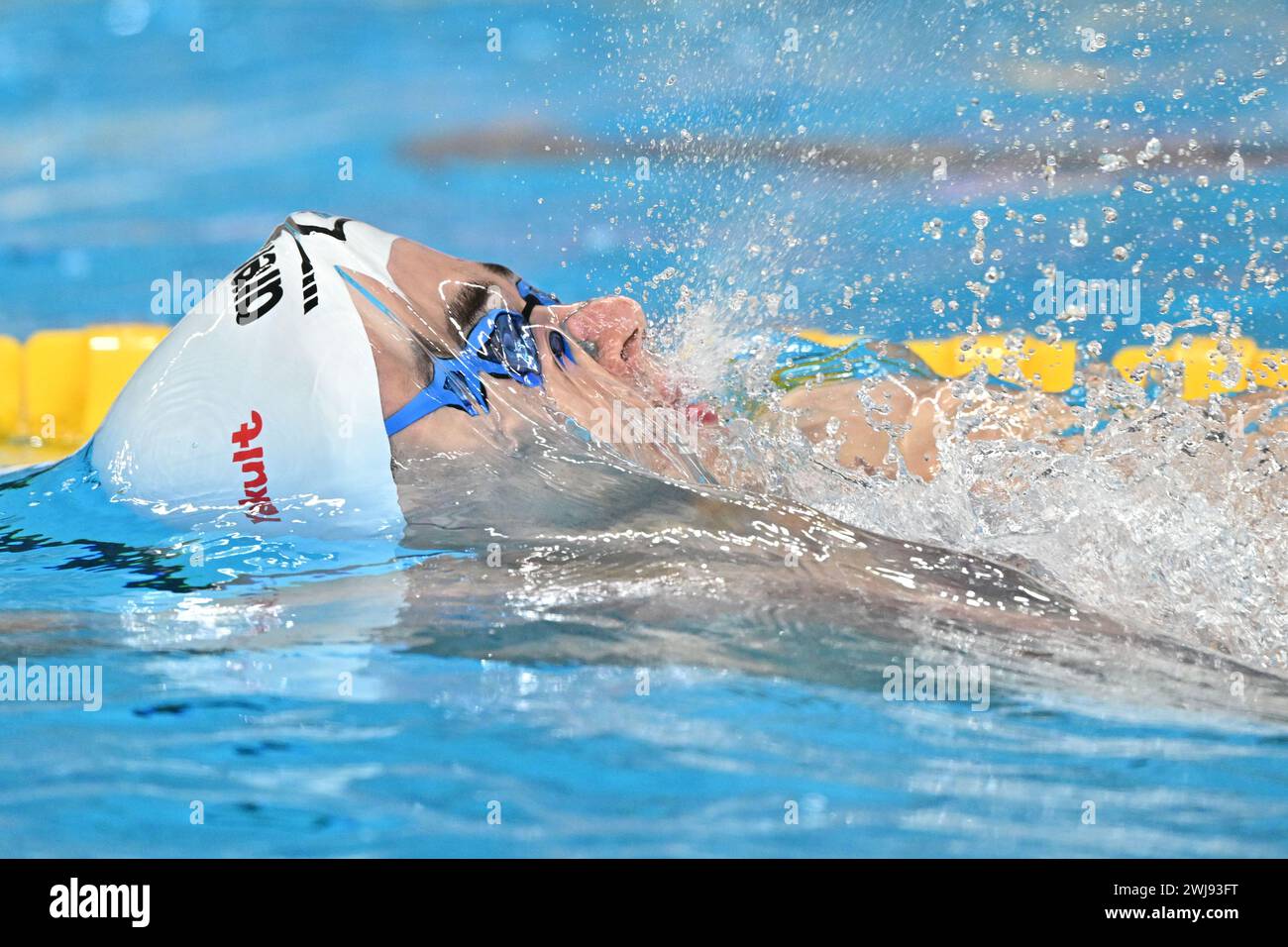 Doha, Qatar. 13 février 2024. Apostolos Christou, de Grèce, participe à la finale masculine de natation du 100 m dos aux Championnats du monde de natation 2024 à Doha, Qatar, le 13 février 2024. Crédit : Xue Yuge/Xinhua/Alamy Live News Banque D'Images