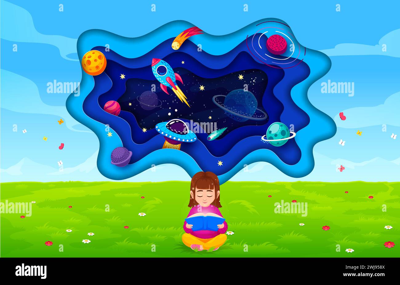 Fille lisant un livre et pensant à l'espace galaxique. Paysage de l'univers avec des vagues coupées en papier. Enfant imaginatif assis sur le champ d'été, plongé dans une histoire, méditant sur les merveilles du voyage interstellaire Illustration de Vecteur