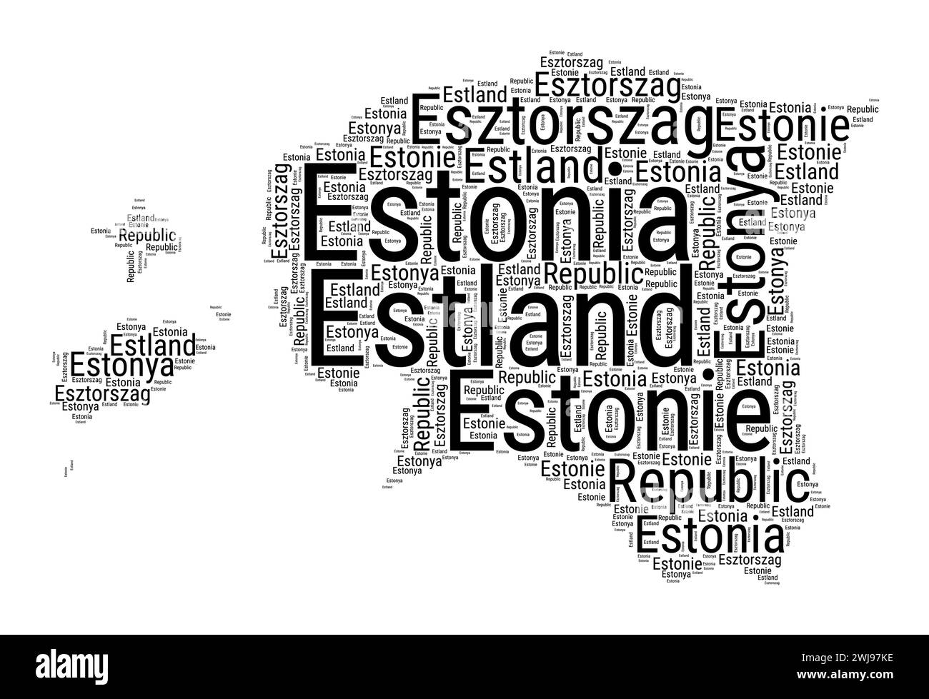 Mot nuage noir et blanc en forme d'Estonie. Illustration de pays de style typographique simple. Nuage de texte noir de l'Estonie simple sur fond blanc. Vecteur Illustration de Vecteur