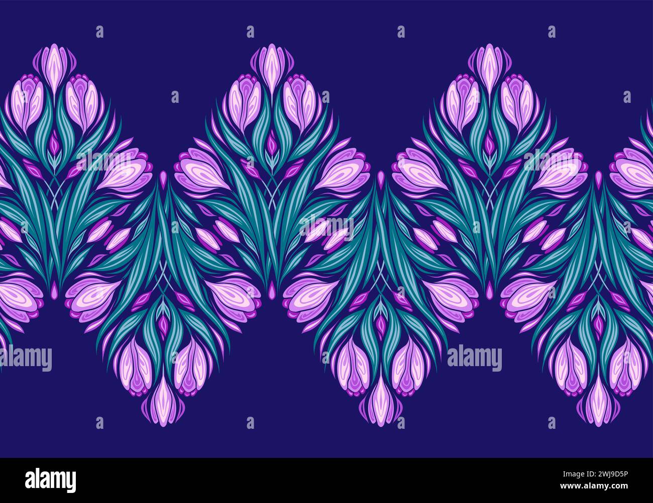Bordure sans couture vectorielle avec des crocus géométriques. Frise horizontale avec fleurs printanières décoratives sur fond violet. Texture tracée avec floral Illustration de Vecteur