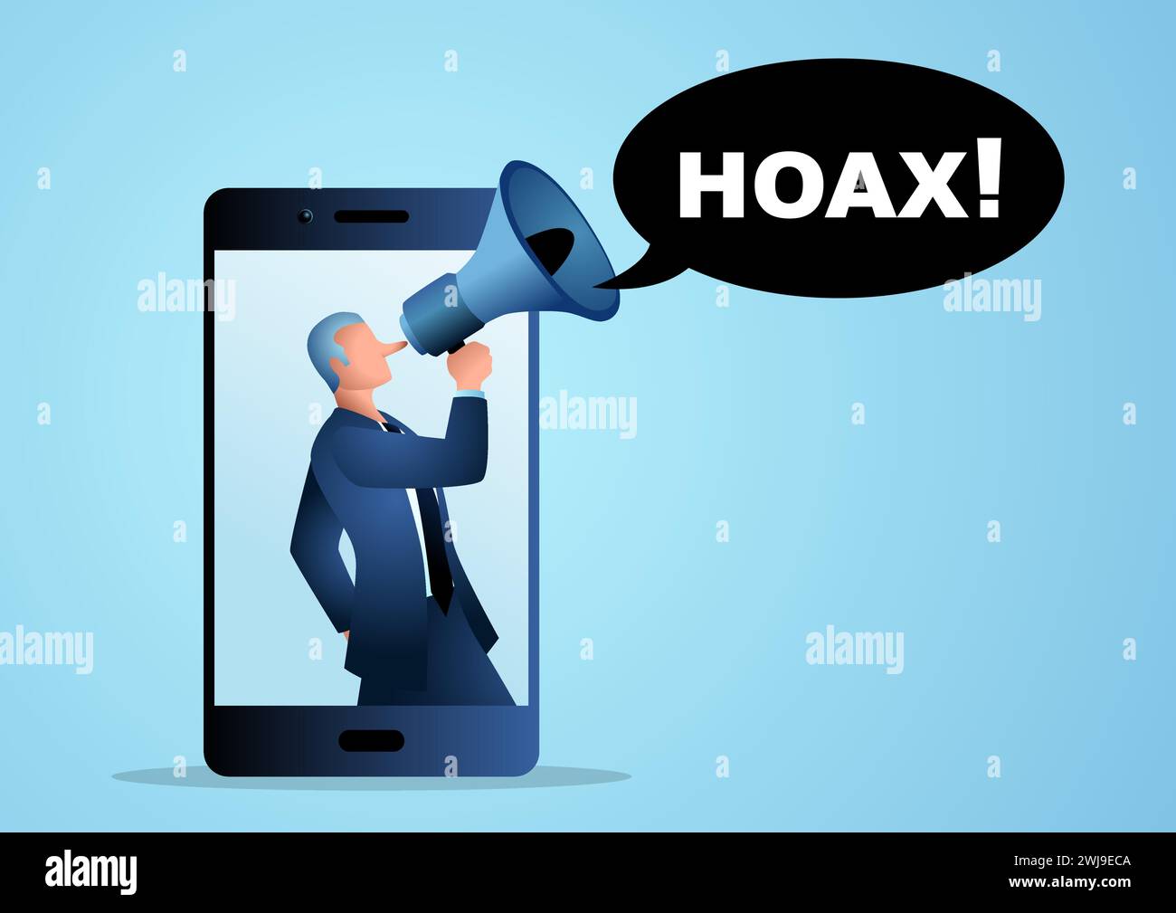 Figure masculine avec long nez sort du téléphone portable en utilisant le mégaphone pour propager des canulars, influenceur, leaders d'opinion clés, illustration vectorielle Illustration de Vecteur