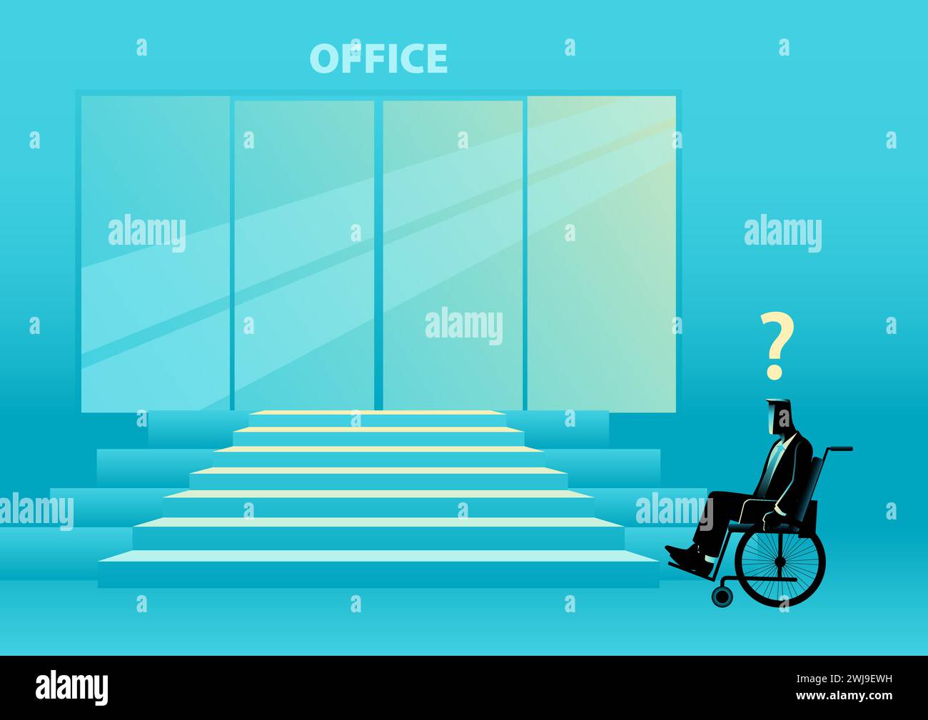 Homme d'affaires dans un fauteuil roulant était confus sur la façon d'entrer dans le bureau parce qu'il n'y a pas de rampes spéciales pour les personnes handicapées. Illustration de Vecteur Homme d'affaires dans un fauteuil roulant était confus sur la façon d'entrer dans le bureau parce qu'il n'y a pas de rampes spéciales pour les personnes handicapées. Illustration de Vecteur