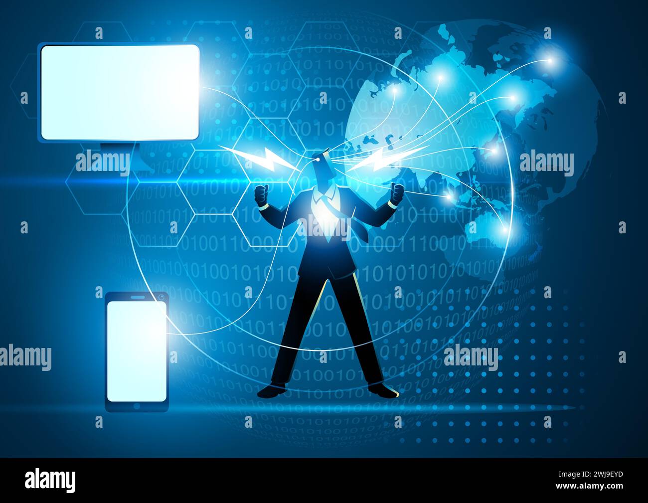 Illustration d'un concept d'entreprise ayant une connexion filaire avec un ordinateur et un smartphone au monde entier Illustration de Vecteur