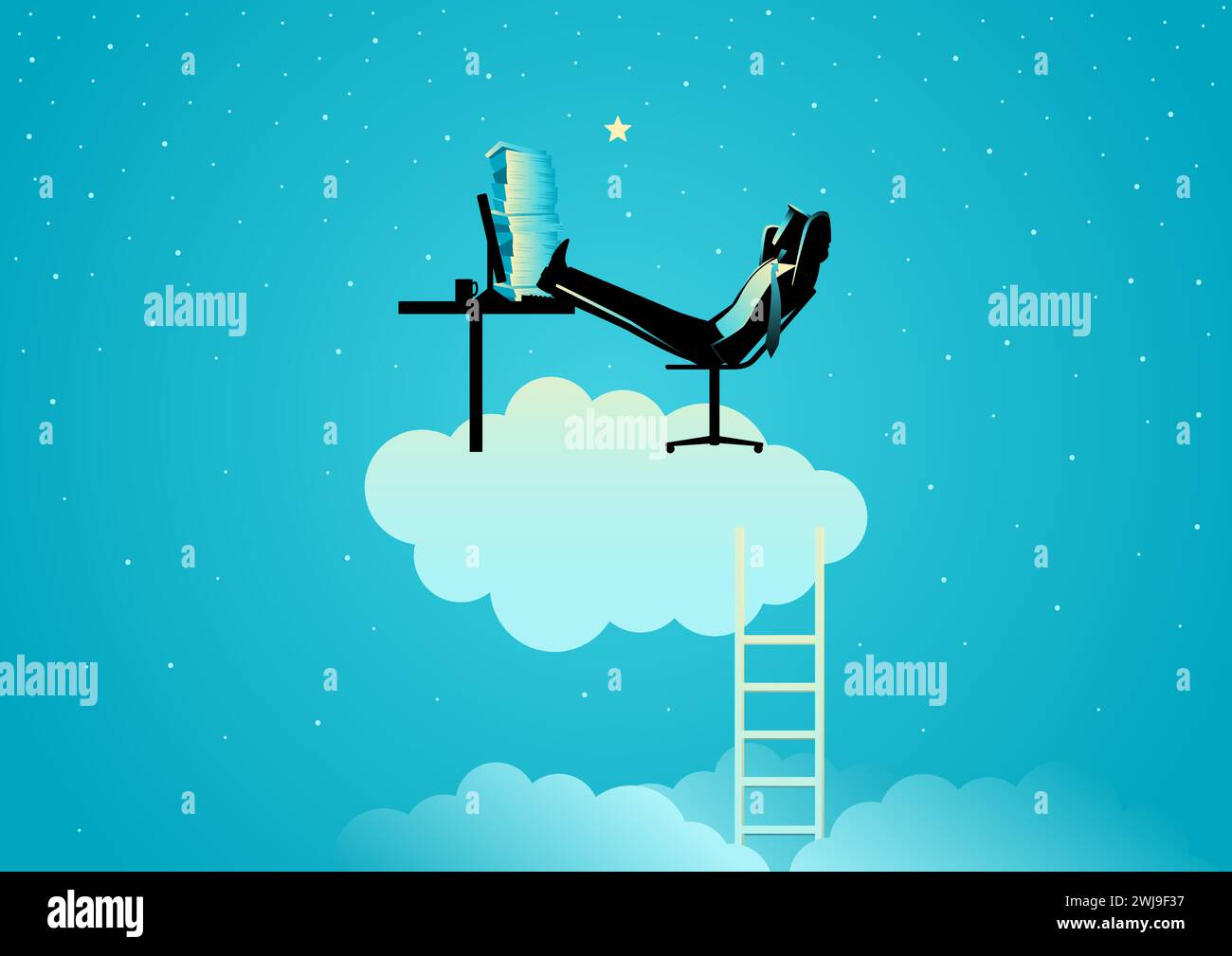 Illustration de concept d'entreprise d'un homme d'affaires se trouve confortablement au-dessus du nuage, travail de rêve, un concept d'atmosphère de travail agréable Illustration de Vecteur