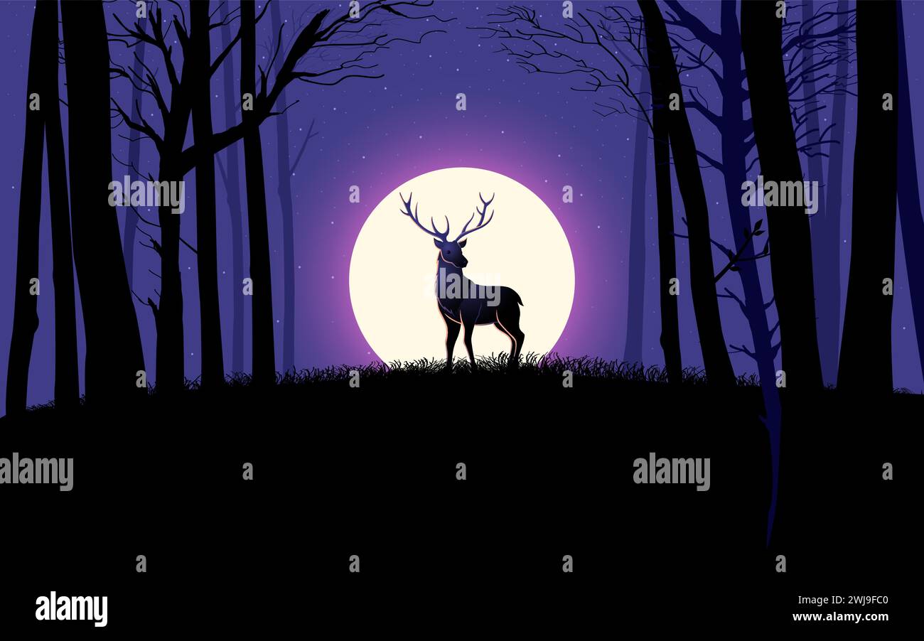Beau paysage d'un cerf pendant la pleine lune dans les bois, illustration vectorielle Illustration de Vecteur