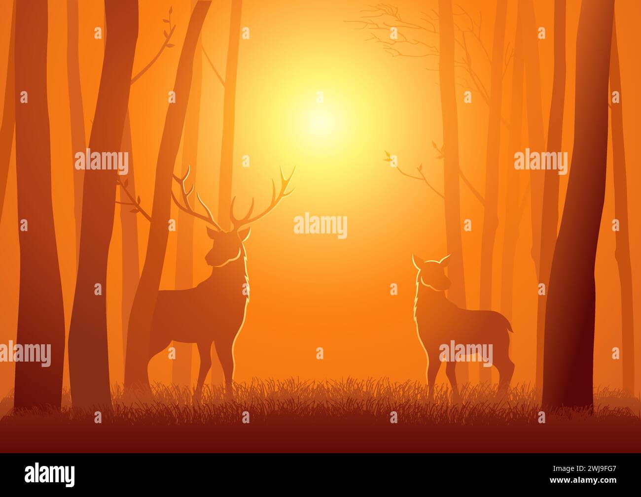 Silhouette de deux cerfs dans les bois, illustration vectorielle Illustration de Vecteur