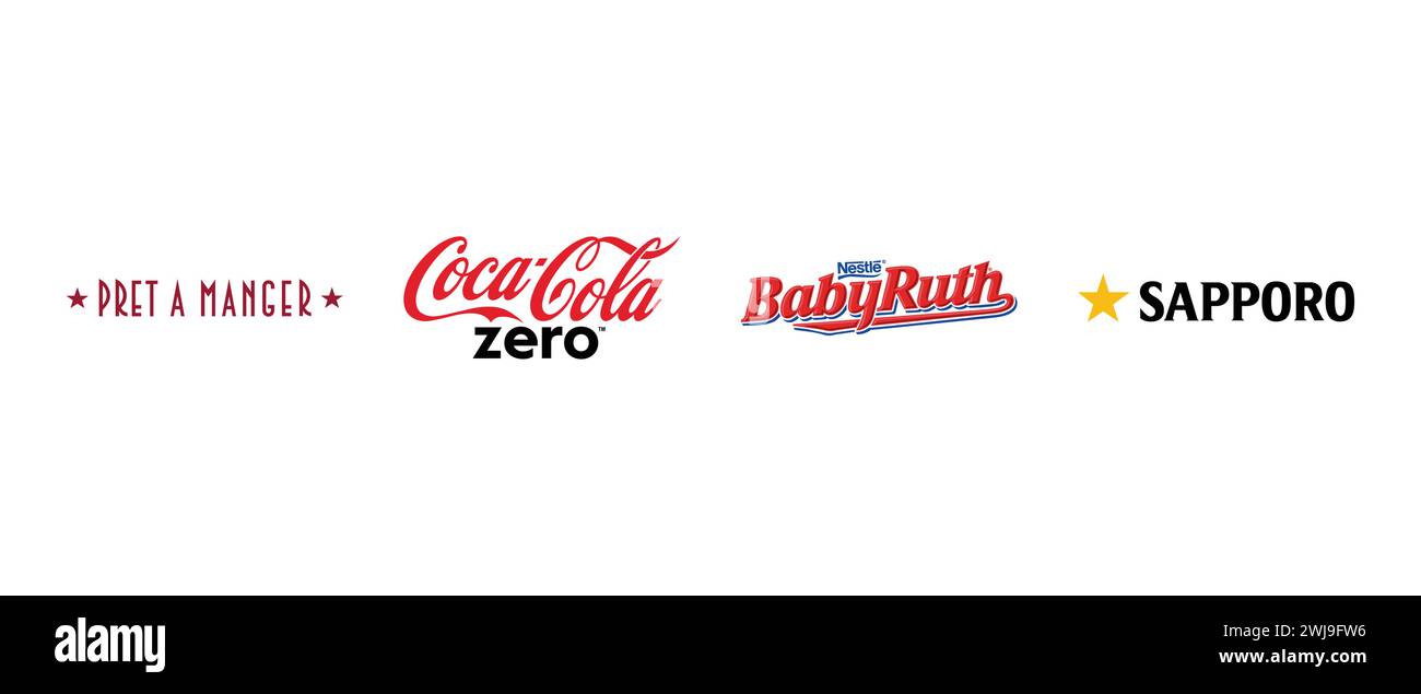 Bière Sapporo , Baby Ruth, Coca-Cola Zero, pret A manger . Illustration vectorielle, logo éditorial. Illustration de Vecteur