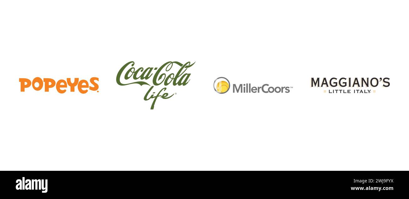 MillerCoors, Maggianos Little Italy, Coca Cola Life, Popeyes Louisiana Kitchen. Illustration vectorielle, logo éditorial. Illustration de Vecteur