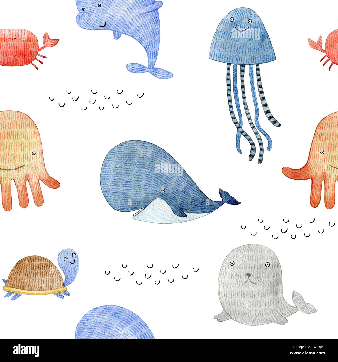 Motif aquarelle avec des créatures marines. Banque D'Images