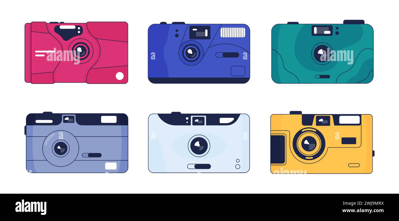 Appareil photo rétro hipster avec lentille en plastique. Technologie pour la prise de vue photo, appareils vintage colorés pour les photographes Illustration de Vecteur
