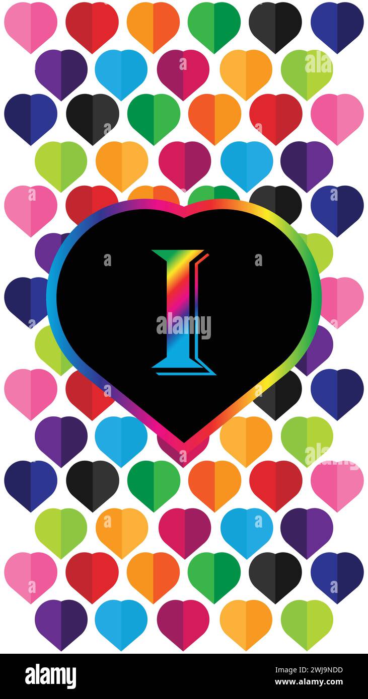 Lettre I au coeur des coeurs colorés sur fond blanc. Convient pour le fond d'écran moderne de téléphone portable. Fond d'écran mobile 4k Illustration de Vecteur