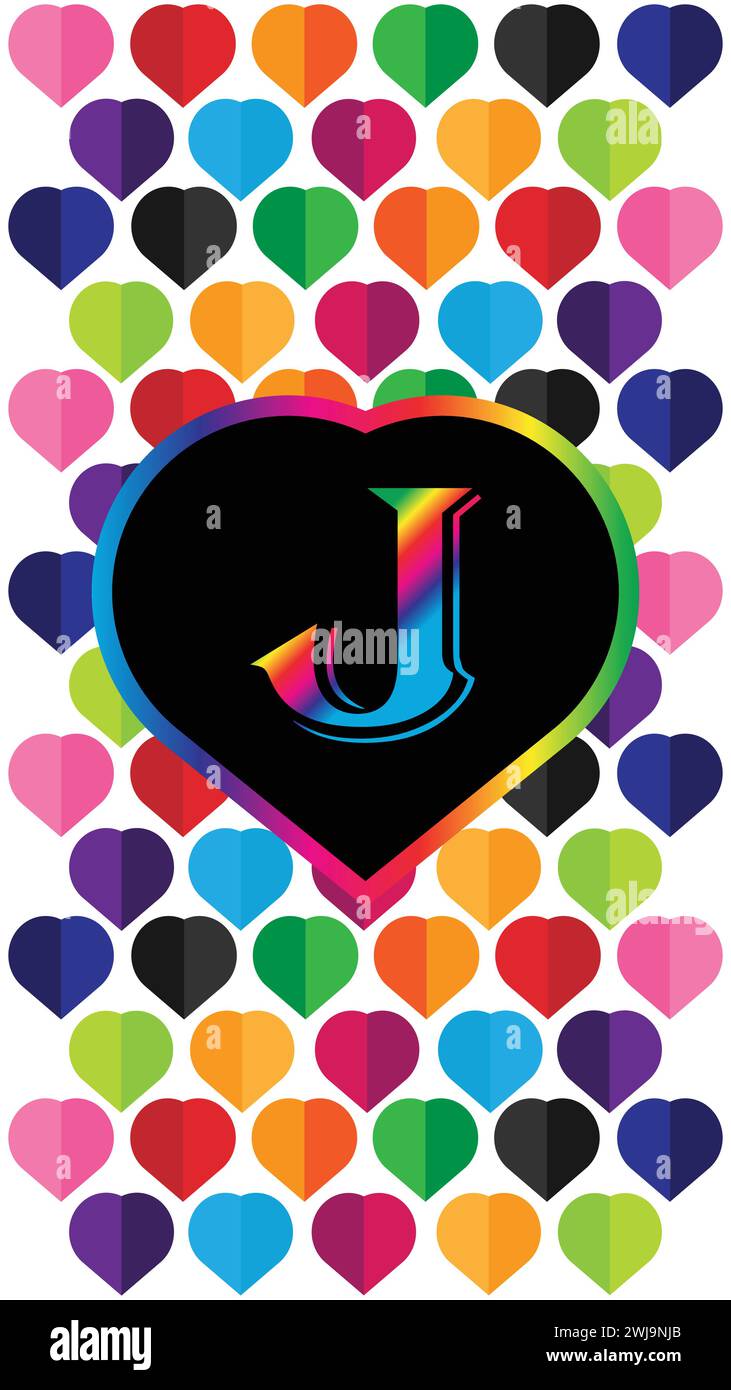 Lettre J au coeur des coeurs colorés sur fond blanc. Convient pour le fond d'écran moderne de téléphone portable. Fond d'écran mobile 4k Illustration de Vecteur