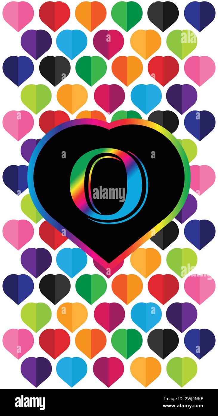 Lettre O au coeur des coeurs colorés sur fond blanc. Convient pour le fond d'écran moderne de téléphone portable. Fond d'écran mobile 4k Illustration de Vecteur