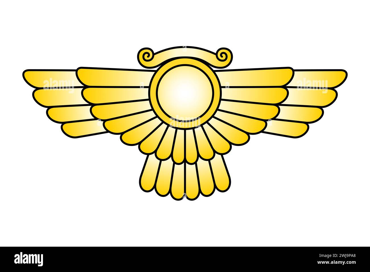 Emblème du soleil ailé du Dieu Ashur, disque solaire avec des ailes. Ashshur, le Dieu principal de la mythologie assyrienne dans la religion mésopotamienne, Dieu de la ville d'Assur. Banque D'Images