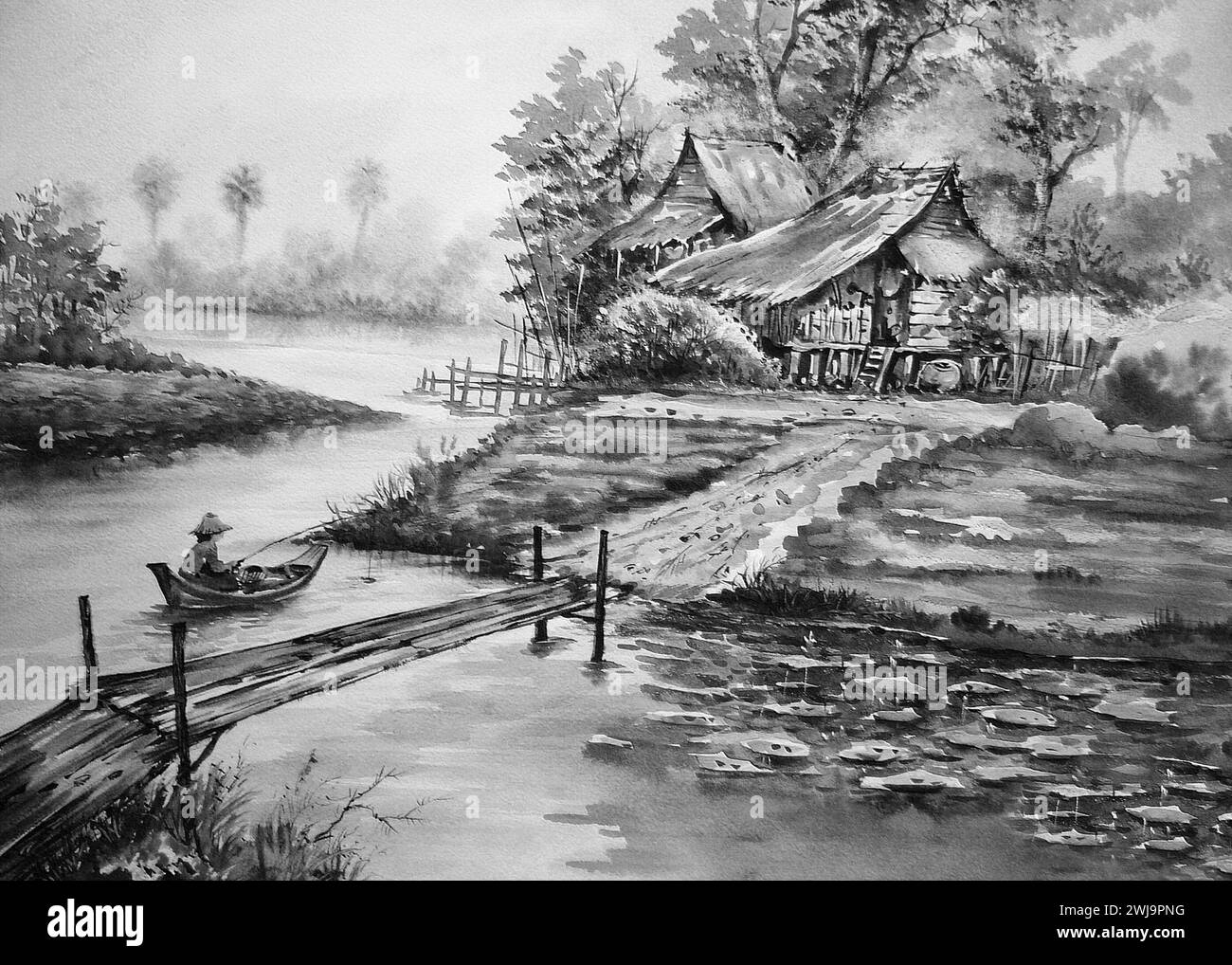 photographie monochrome noir et blanc original aquarelle peinture campagne rurale thaïlande Banque D'Images