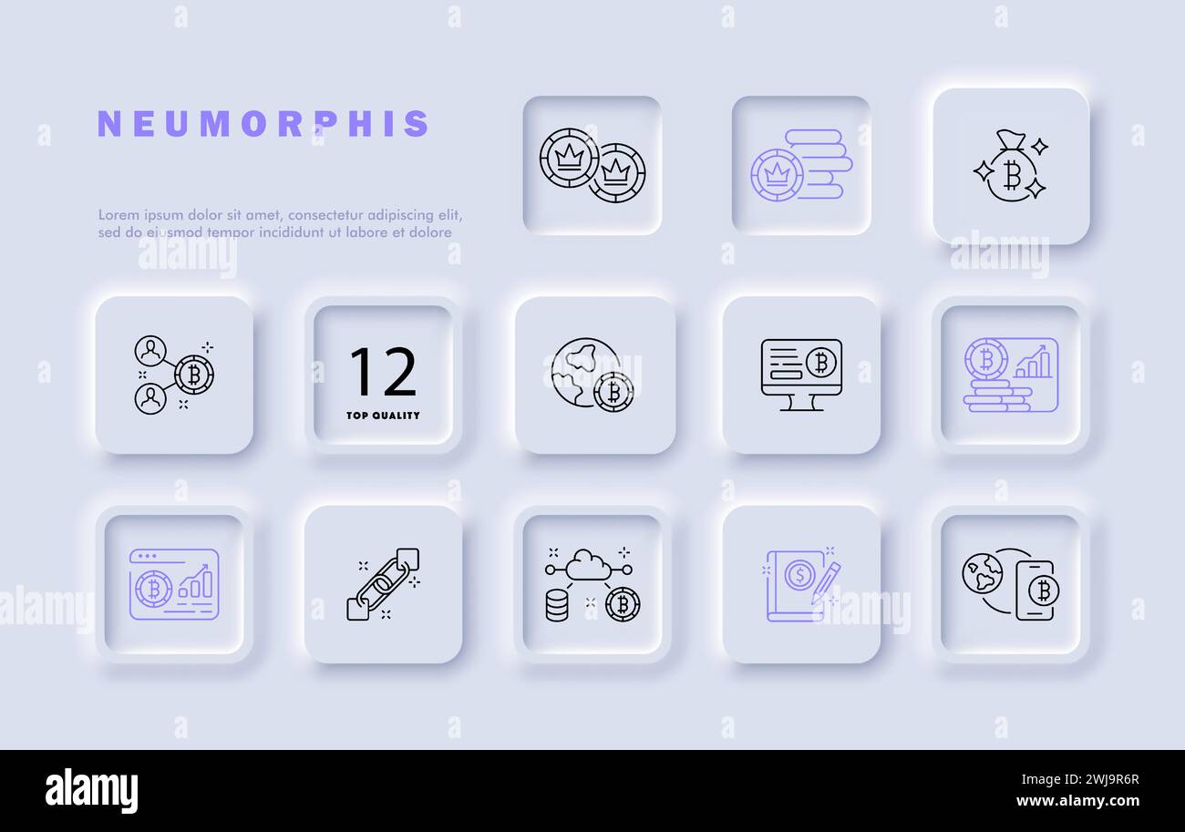 Icône de ligne Bitcoin Set. Crypto-monnaie, blockchain, traduction, taux de change, dollar, trading, gains. Style néomorphisme. Icône de ligne vectorielle pour Busi Illustration de Vecteur