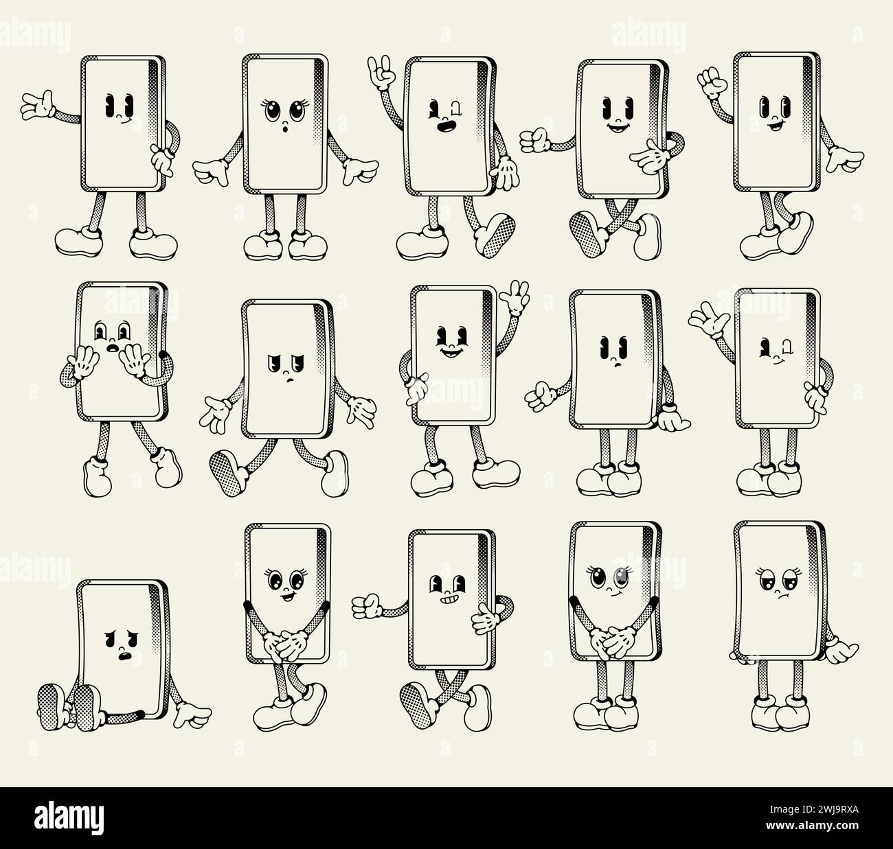 Mascotte comique rétro smartphone. Personnage de téléphone portable de dessin animé avec des jambes de mains de visage mignon, appareil numérique sans fil avec diverses poses Illustration de Vecteur