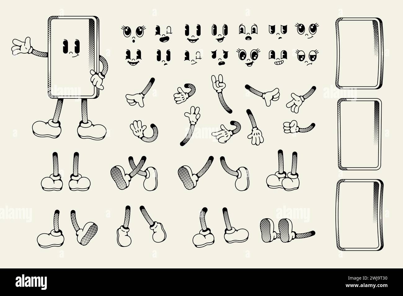 Kit d'animation de personnage pour smartphone. Dispositif mobile de dessin animé visage et parties du corps pour diverses poses, gestes et expressions de mascotte drôles. Téléphone vectoriel Illustration de Vecteur