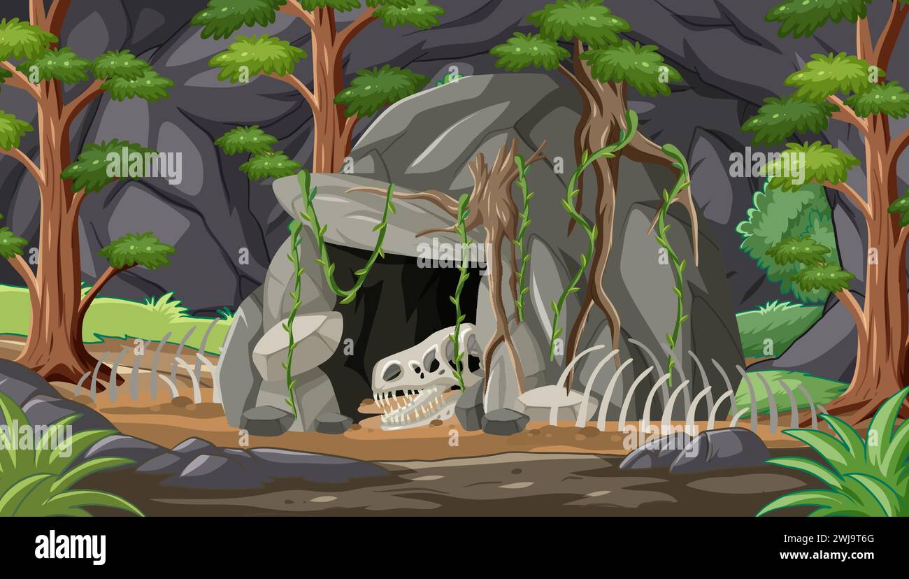 Illustration vectorielle d'une grotte avec squelette de dinosaure. Illustration de Vecteur