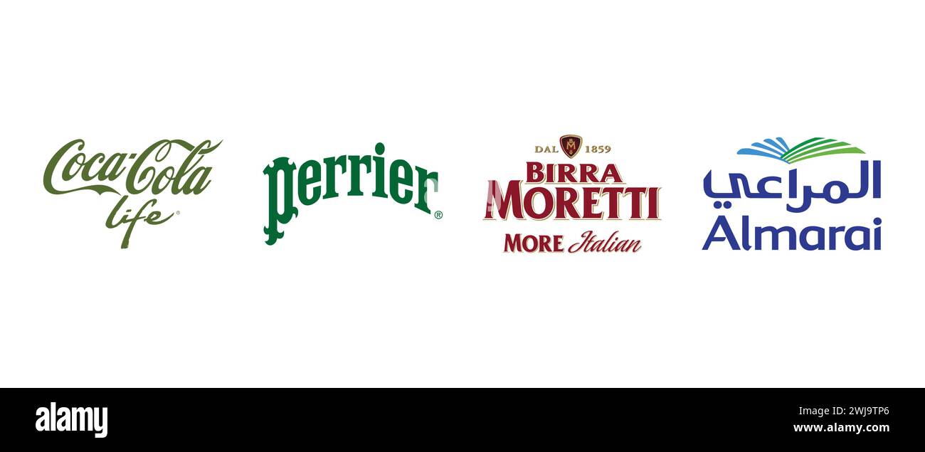 Coca Cola Life , Perrier, Almarai, Birra Moretti . Illustration vectorielle, logo éditorial. Illustration de Vecteur