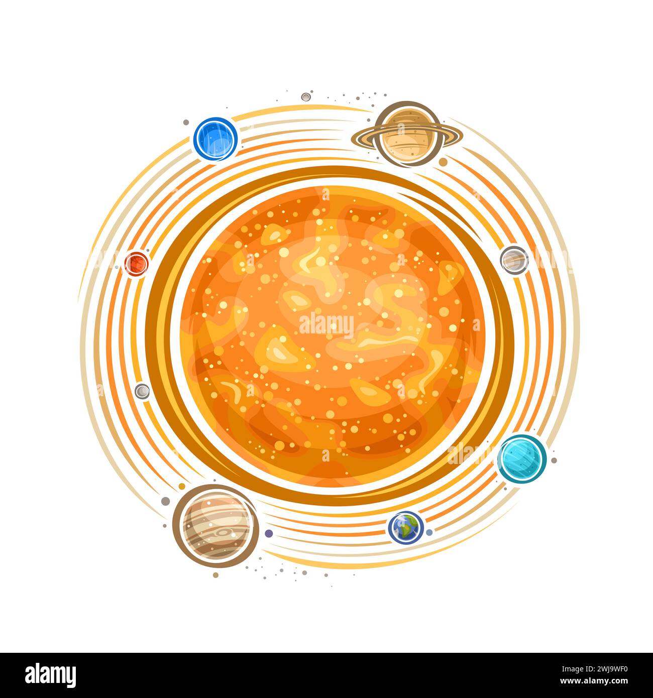 Logo vectoriel pour le système solaire, impression cosmique décorative avec soleil d'étoile orange, planètes rotatives du système solaire et différentes lunes, autocollant cosmo rond Illustration de Vecteur